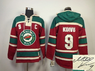 Autographed Minnesota Wild -9 Mikko Koivu Red Sawyer Hooded Sweatshirt Stitched NHL Jersey