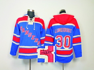 Autographed New York Rangers -30 Henrik Lundqvist Blue Sawyer Hooded Sweatshirt Stitched NHL Jersey