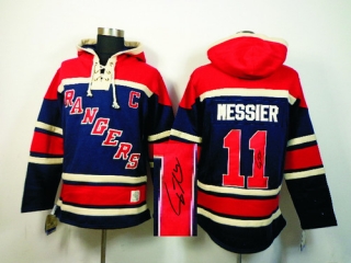 Autographed New York Rangers -11 Mark Messier Navy Blue Sawyer Hooded Sweatshirt Stitched NHL Jersey